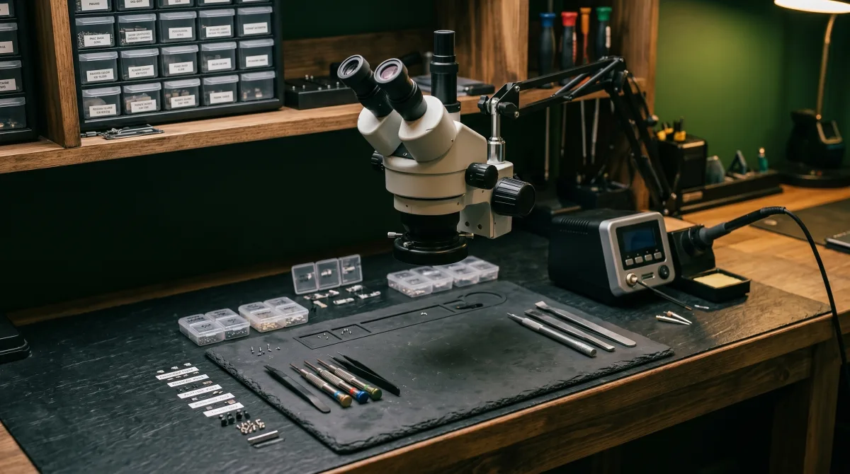 Reparo workshop in Vienna – bench with stereo microscope, soldering station and sorted spare parts