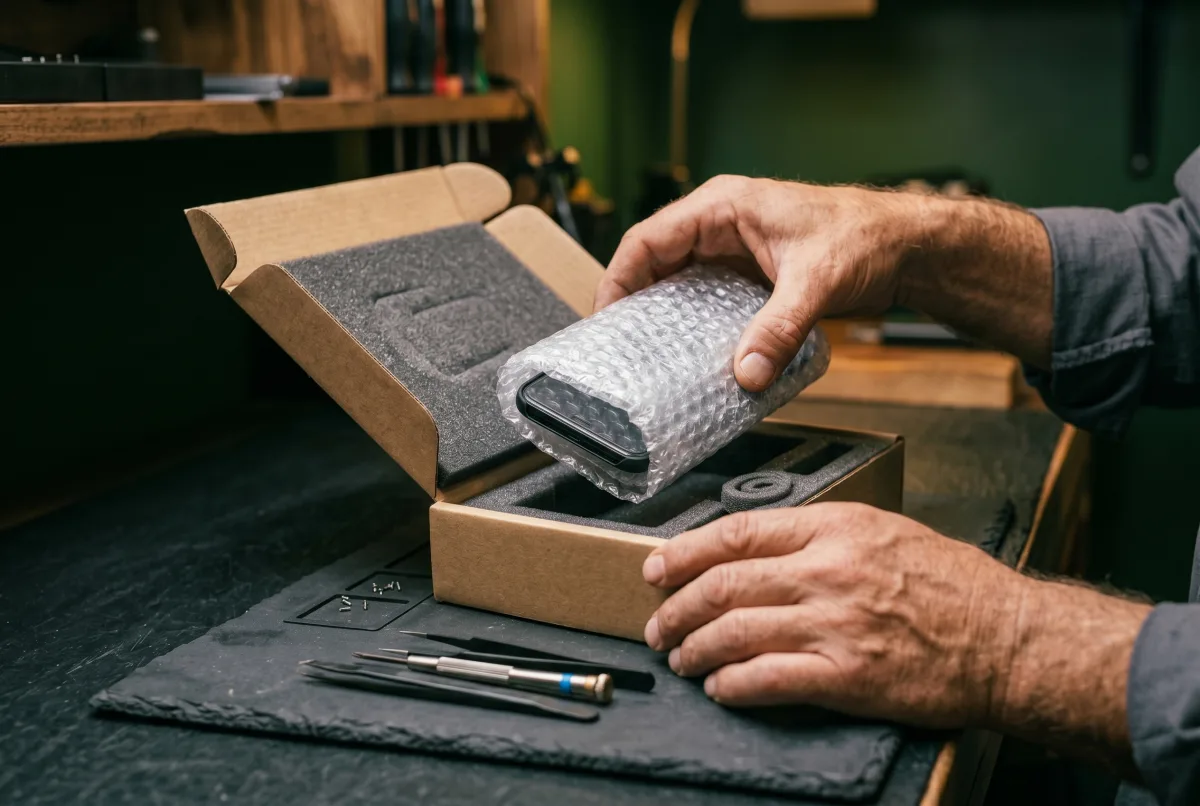 Smartphone safely packed in protective wrapping for Reparo's send-in service