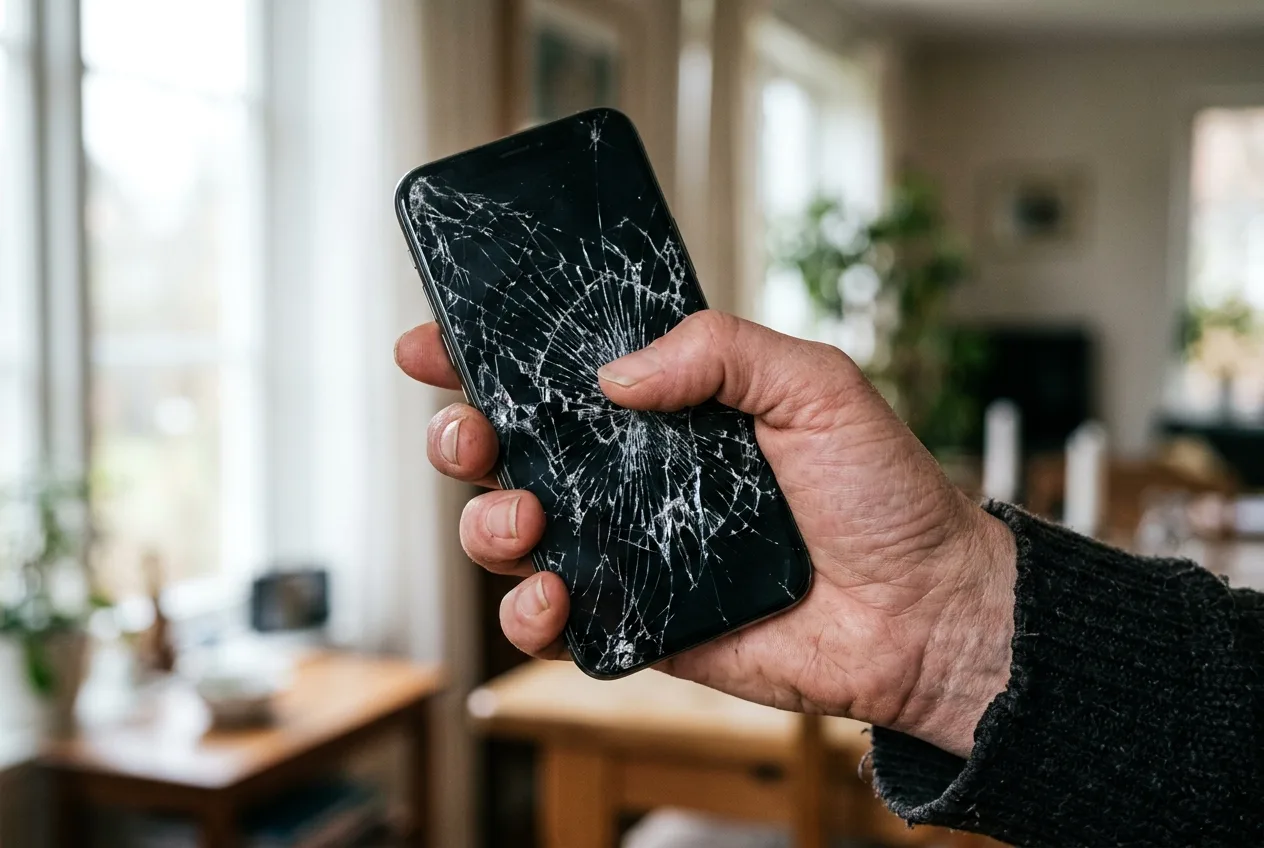 Handy mit gesprungenem Display in der Hand