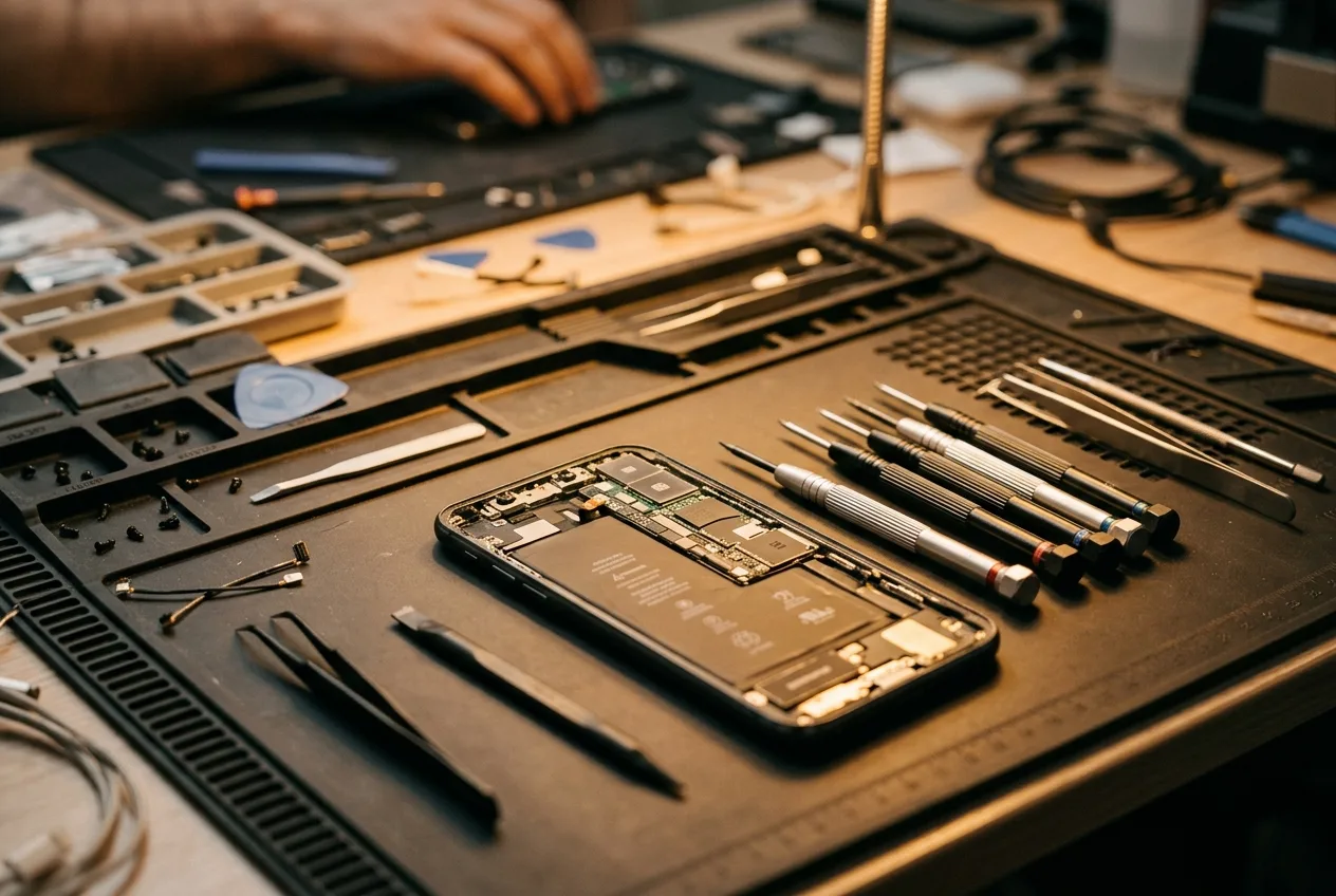 iPhone bei der Reparatur mit Präzisionswerkzeug