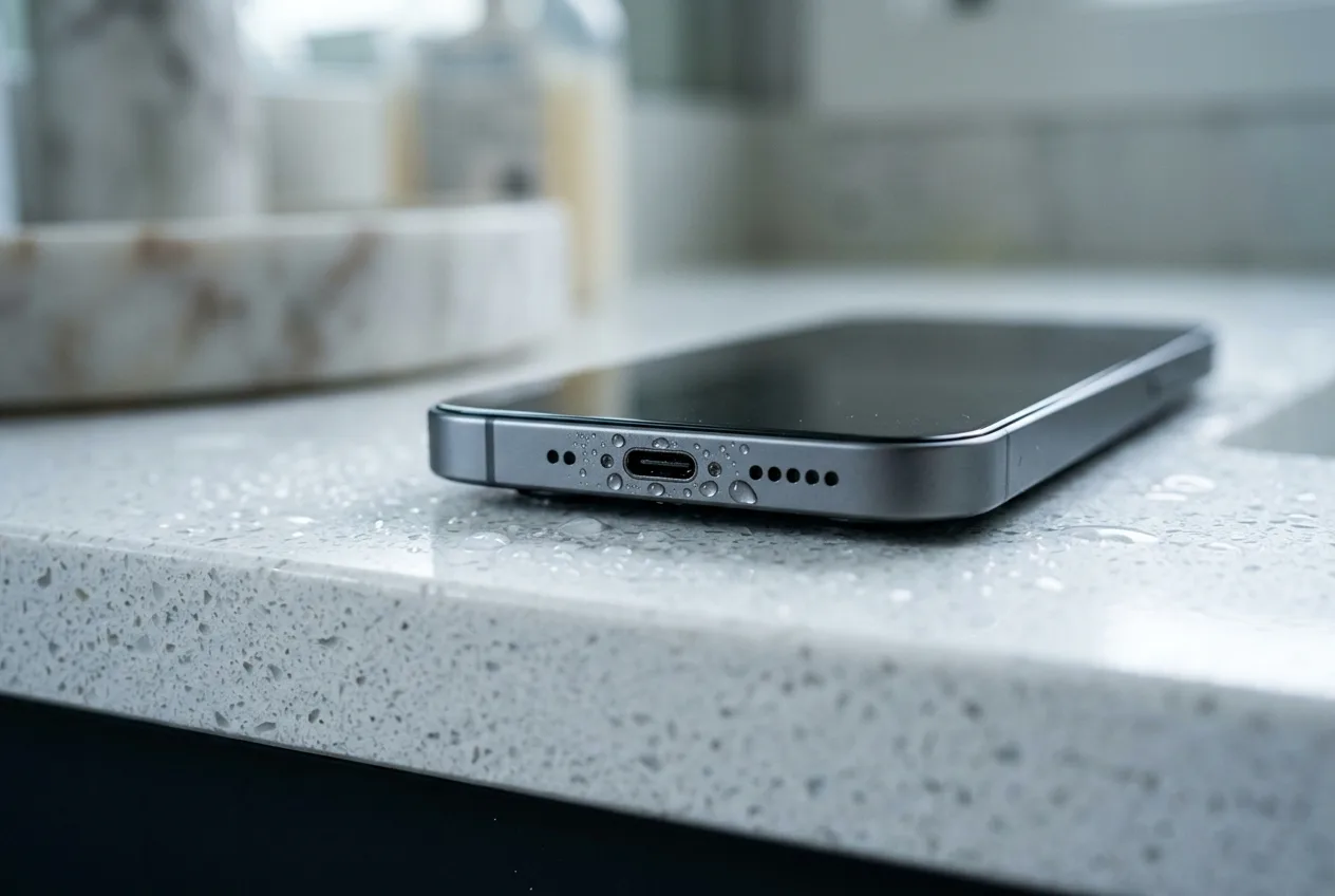 iPhone mit Wassertropfen am Ladeanschluss – Meldung Flüssigkeit erkannt