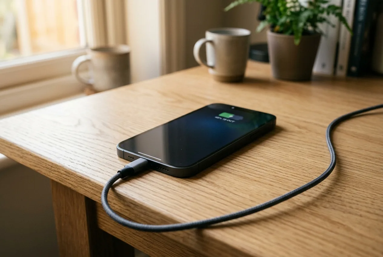 iPhone lädt langsam am Ladekabel auf einem Schreibtisch