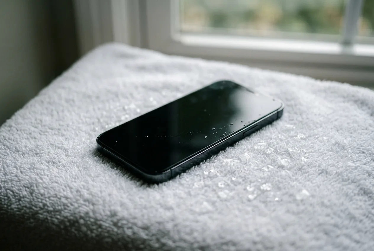 iPhone nach Wasserkontakt auf einem Handtuch