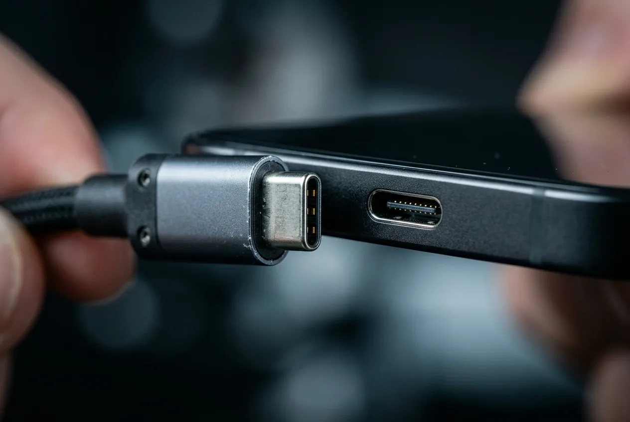 USB-C-Stecker am USB-C-Anschluss eines iPhones