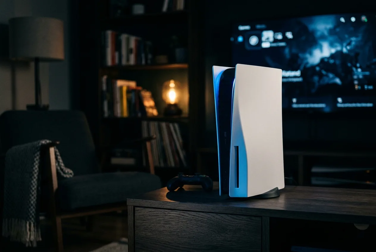 PS5 console with a glowing status light in a dark room