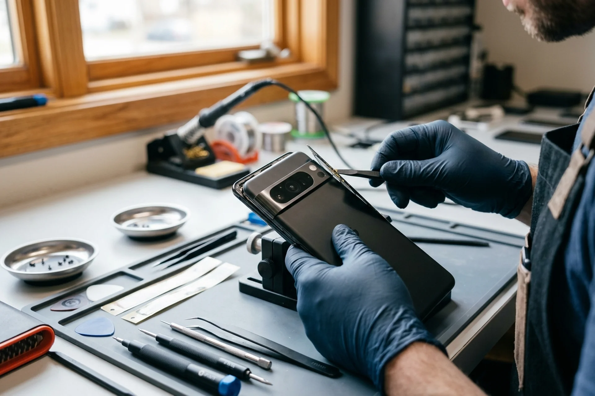 Google Pixel Reparatur in Wien — Pixel 8 Pro wird in der Werkstatt geöffnet