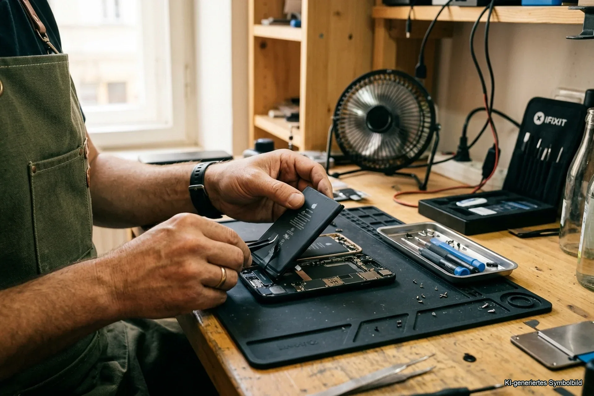 Handy Akku tauschen Kosten — Werkstatt-Techniker tauscht iPhone-Akku in Reparo-Werkstatt