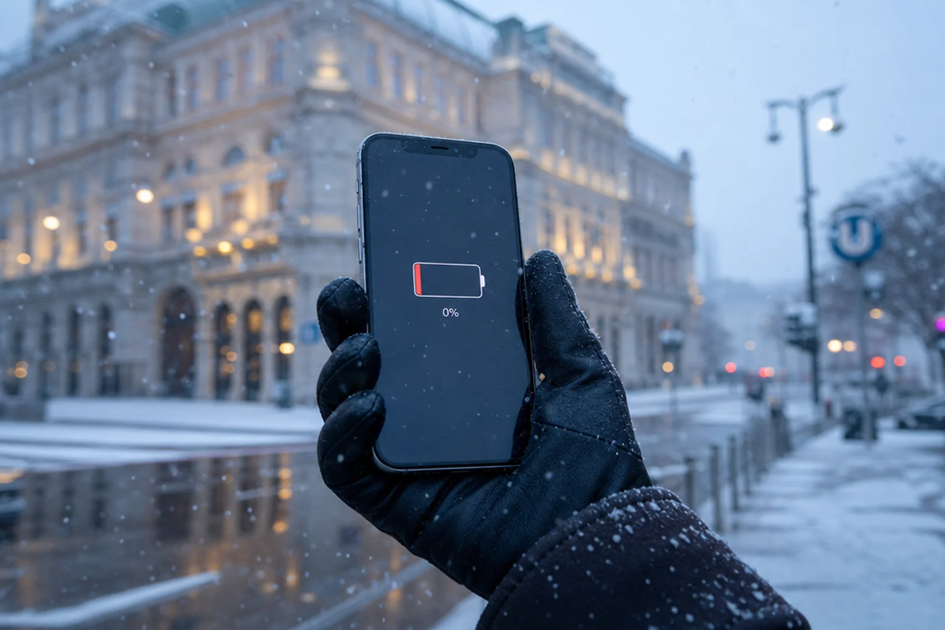 Handy Akku im Winter Wien — Reparo Festpreis Handy Akku im Winter — iPhone bei Schnee zeigt 0 % Akku trotz vorheriger Vollladung
