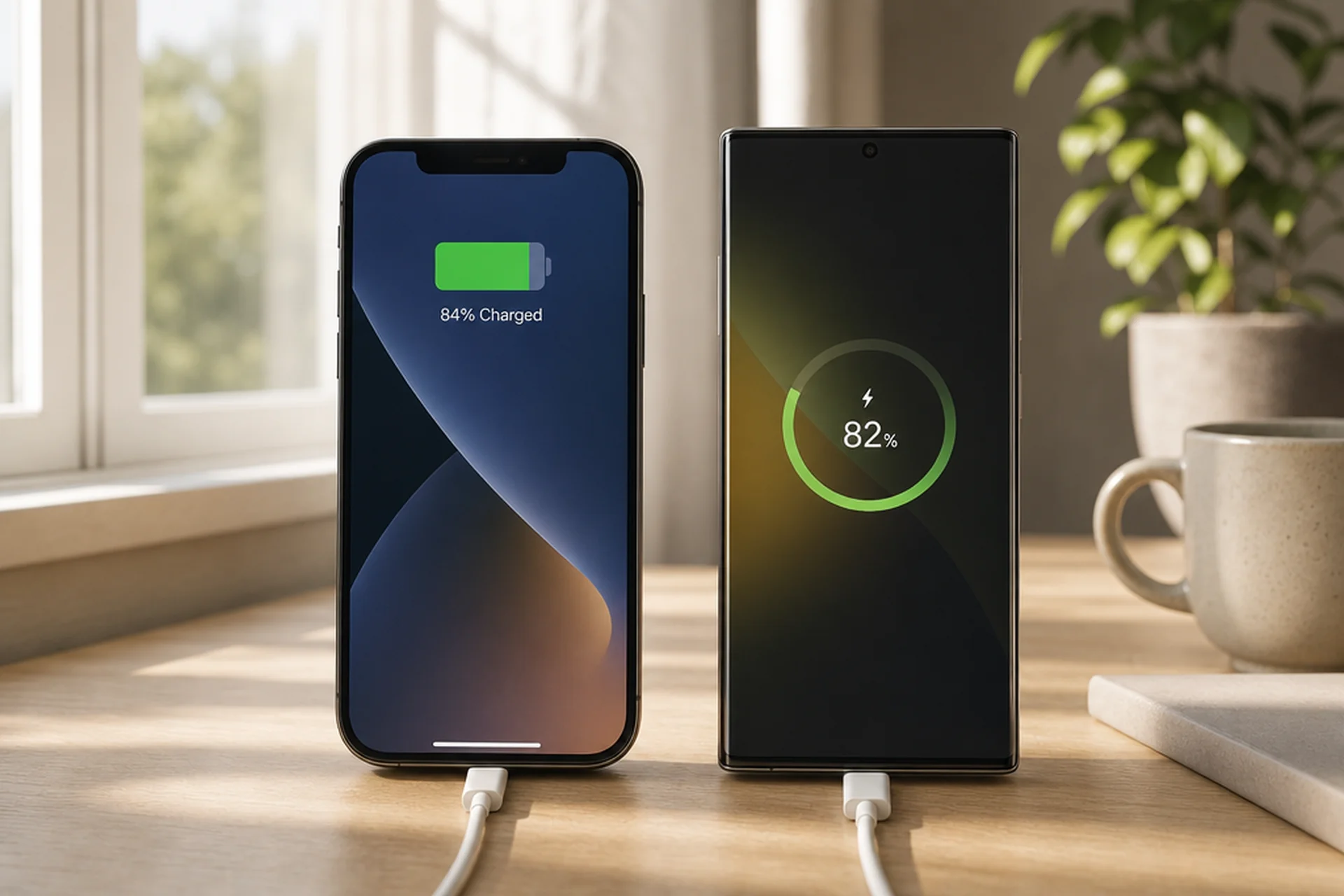 Handy Batterie Reset — iPhone und Android-Telefon nebeneinander beim Lade-Vorgang für Akku-Kalibrierung