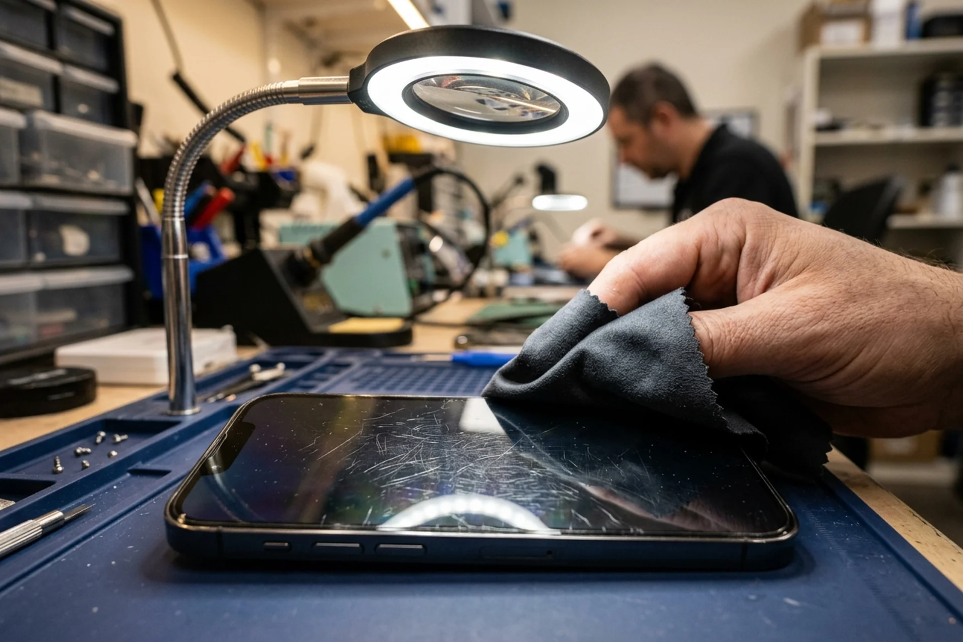 Handy Display Kratzer entfernen Wien — Reparo Festpreis Handy Display Kratzer entfernen — iPhone-Display mit feinen Kratzern unter Werkstatt-Lupe