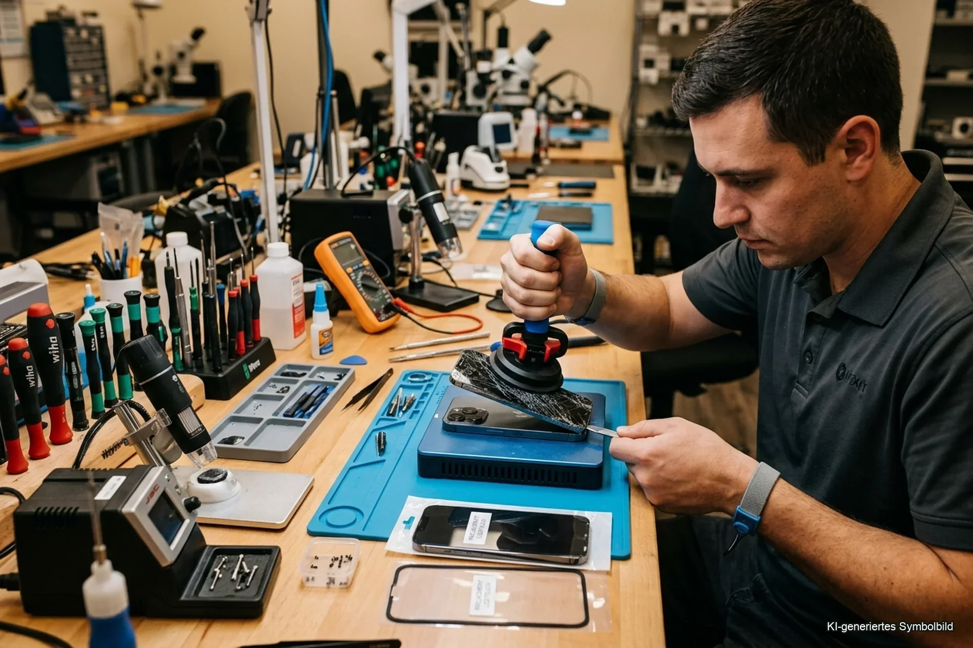 Handy Display Kratzer entfernen Kosten — Werkstatt-Techniker tauscht zerkratztes Display in Reparo-Werkstatt