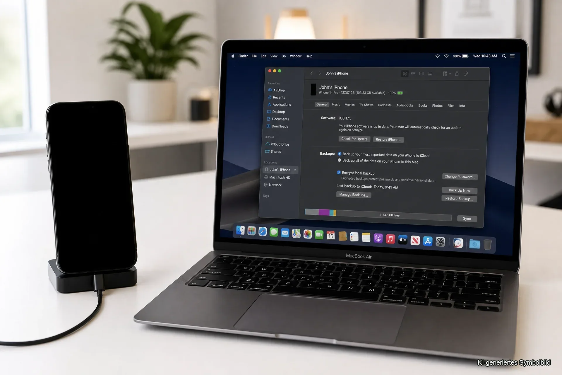 Handy Display schwarz Daten retten Wien — Reparo Festpreis Handy Display schwarz Daten retten — iPhone mit dunklem Bildschirm an Computer angeschlossen, iTunes zeigt Backup-Optionen