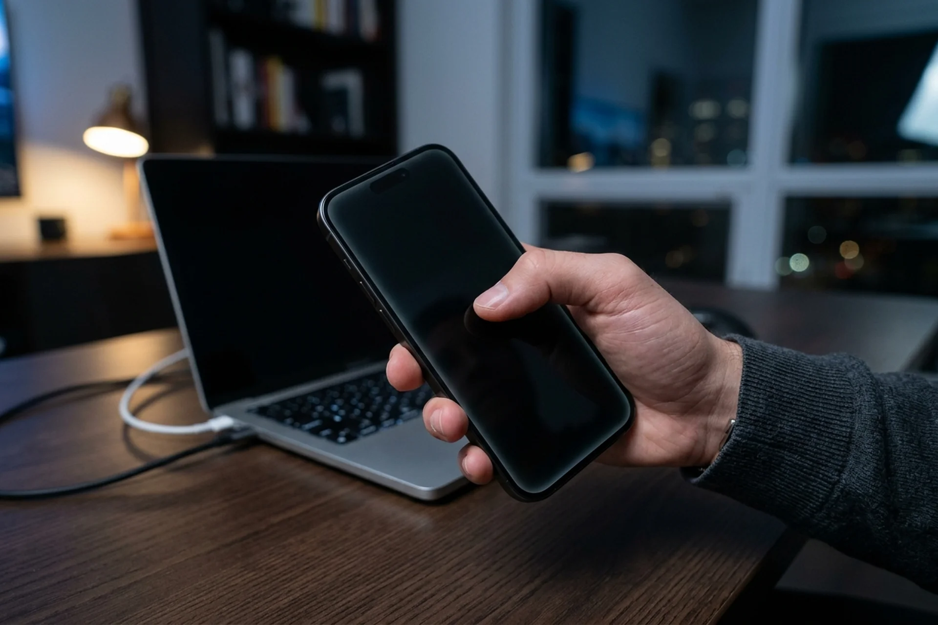 Handy Display schwarz aber funktioniert — iPhone mit komplett dunklem Bildschirm liegt neben Computer mit Datenrettung-Software