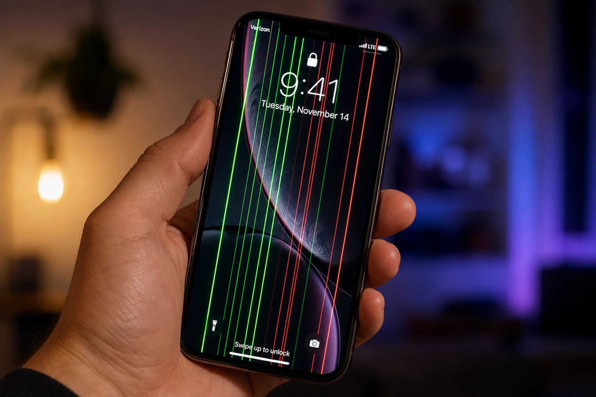 Handy Display Streifen reparieren — iPhone mit deutlich sichtbaren vertikalen grünen Linien quer über den Bildschirm