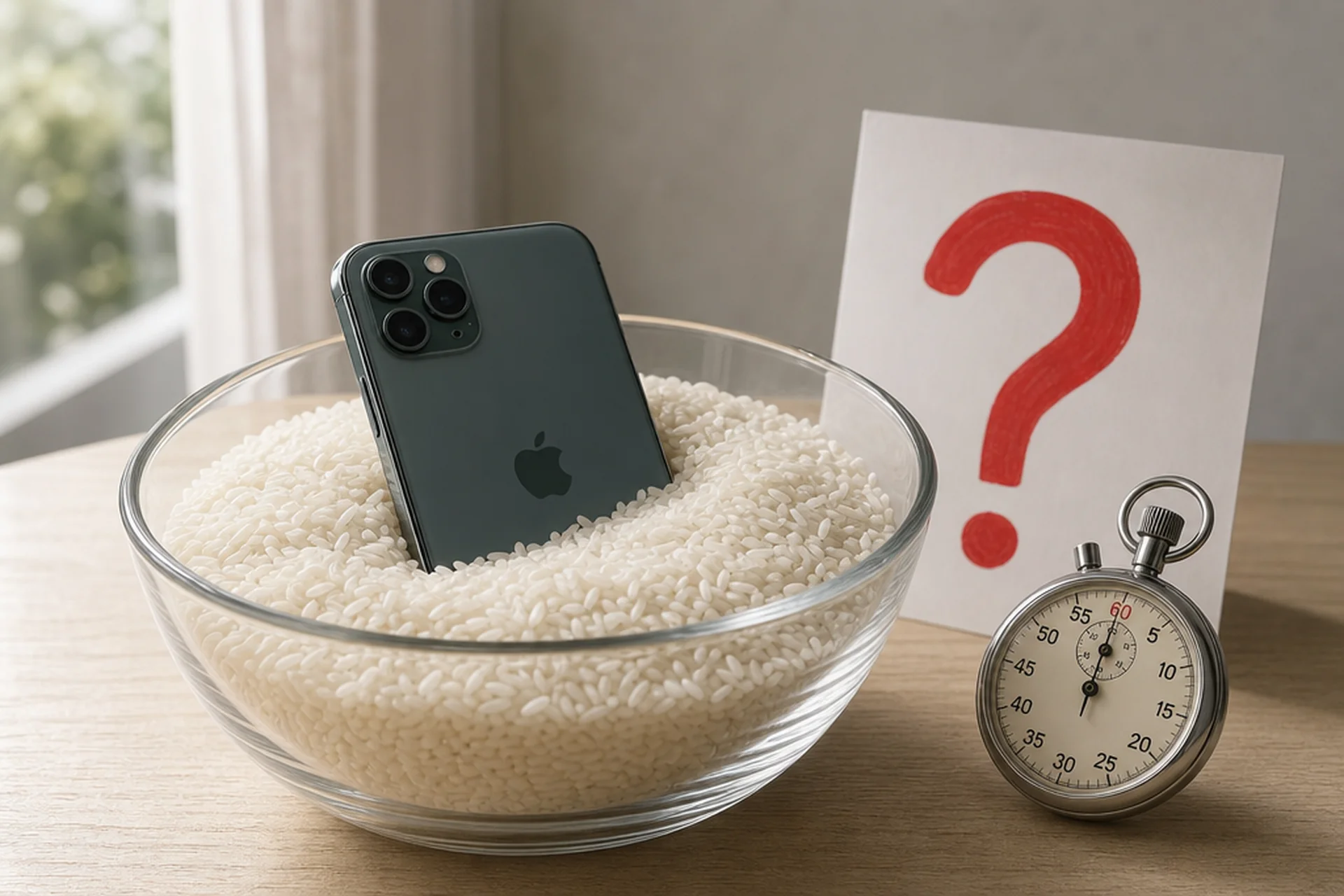Handy in Reis einlegen wie lange Wien — Reparo Festpreis Handy in Reis einlegen wie lange — iPhone in Reisschüssel mit Stoppuhr und großem Fragezeichen