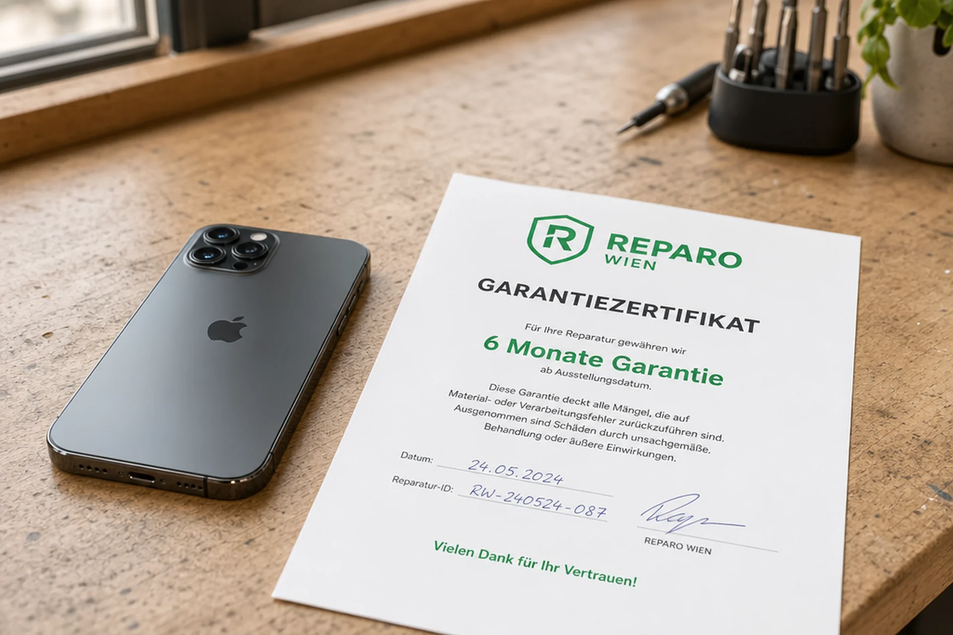 Handy Reparatur Garantie und Rechte Wien — Reparo Festpreis Handy Reparatur Garantie und Rechte — Reparo-Garantieschein neben repariertem iPhone auf dem Werkstatt-Tisch