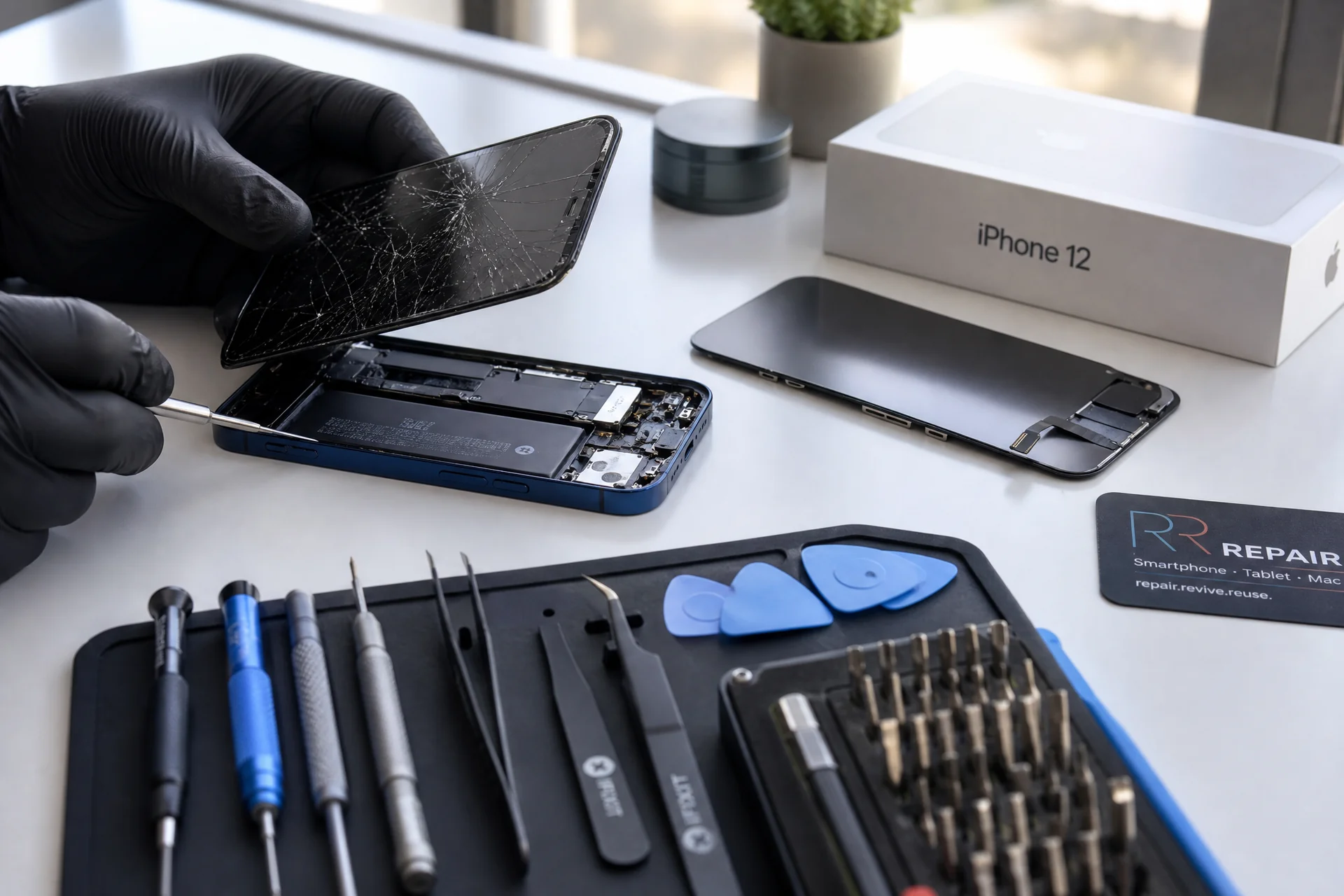 iPhone 12 Display Reparatur Kosten Wien — Reparo Festpreis iPhone 12 Display Reparatur Kosten — gerissenes OLED wird in der Werkstatt getauscht