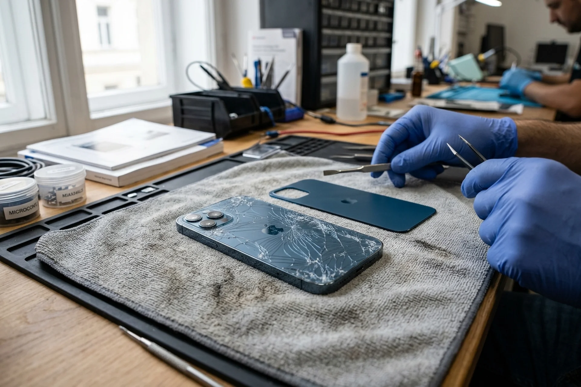 iPhone 12 Pro Rückseite Reparatur Kosten Wien — Reparo Festpreis iPhone 12 Pro Rückseite Reparatur Kosten — gesprungene Glas-Rückseite und neues Original-Apple-Backcover