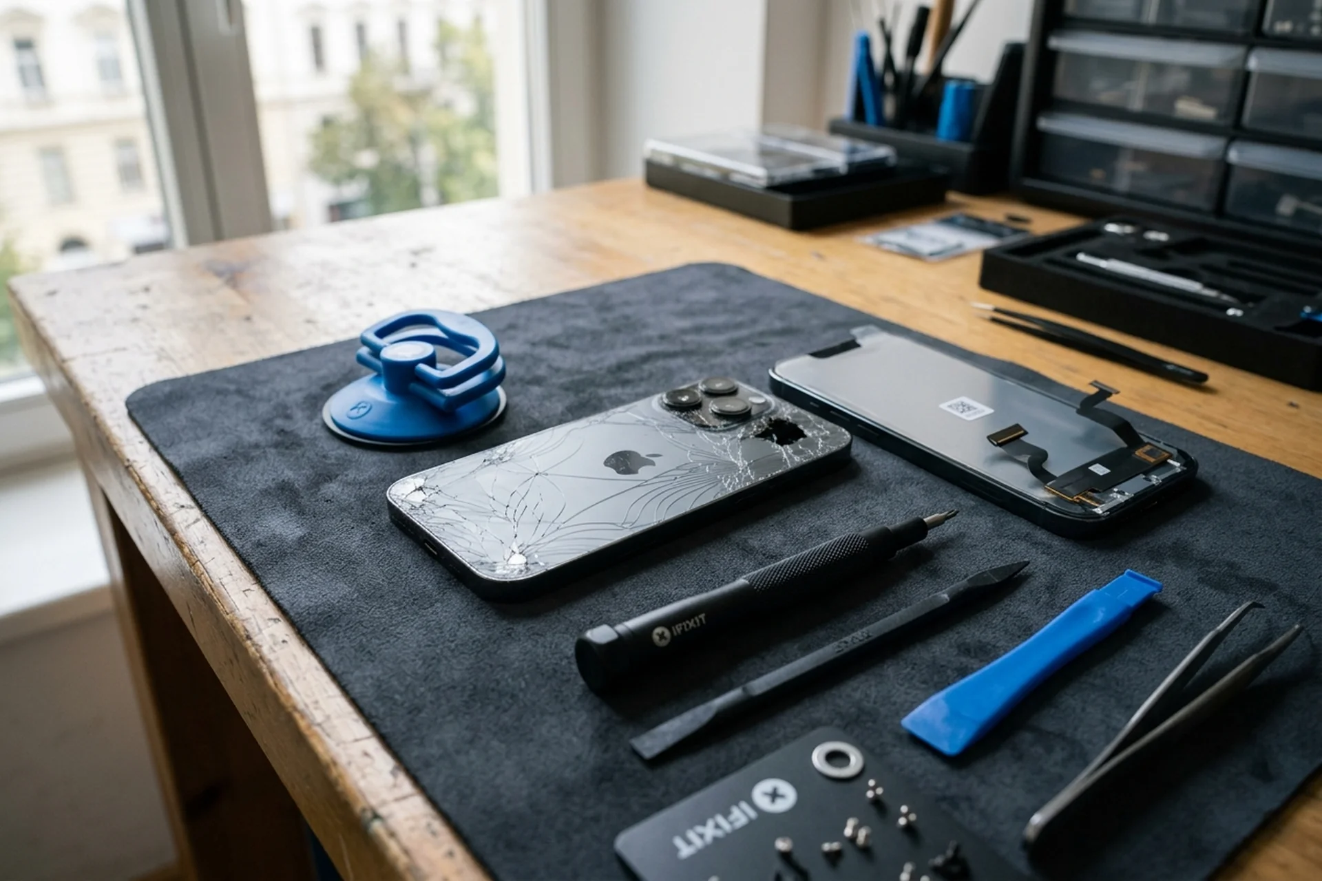 iPhone 13 Pro Display Reparatur Kosten Wien — Reparo Festpreis iPhone 13 Pro Display Reparatur Kosten — gerissenes OLED-Display und neues Refurbished-Original auf Werkstatt-Tisch