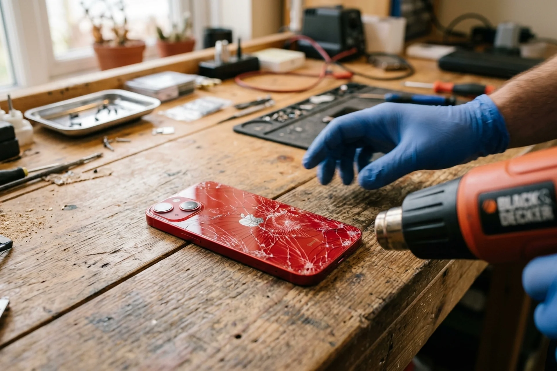 iPhone 13 Rückseite Reparatur Wien — Reparo Festpreis iPhone 13 Rückseite Reparatur — gebrochenes Glas-Backcover wird in der Werkstatt getauscht