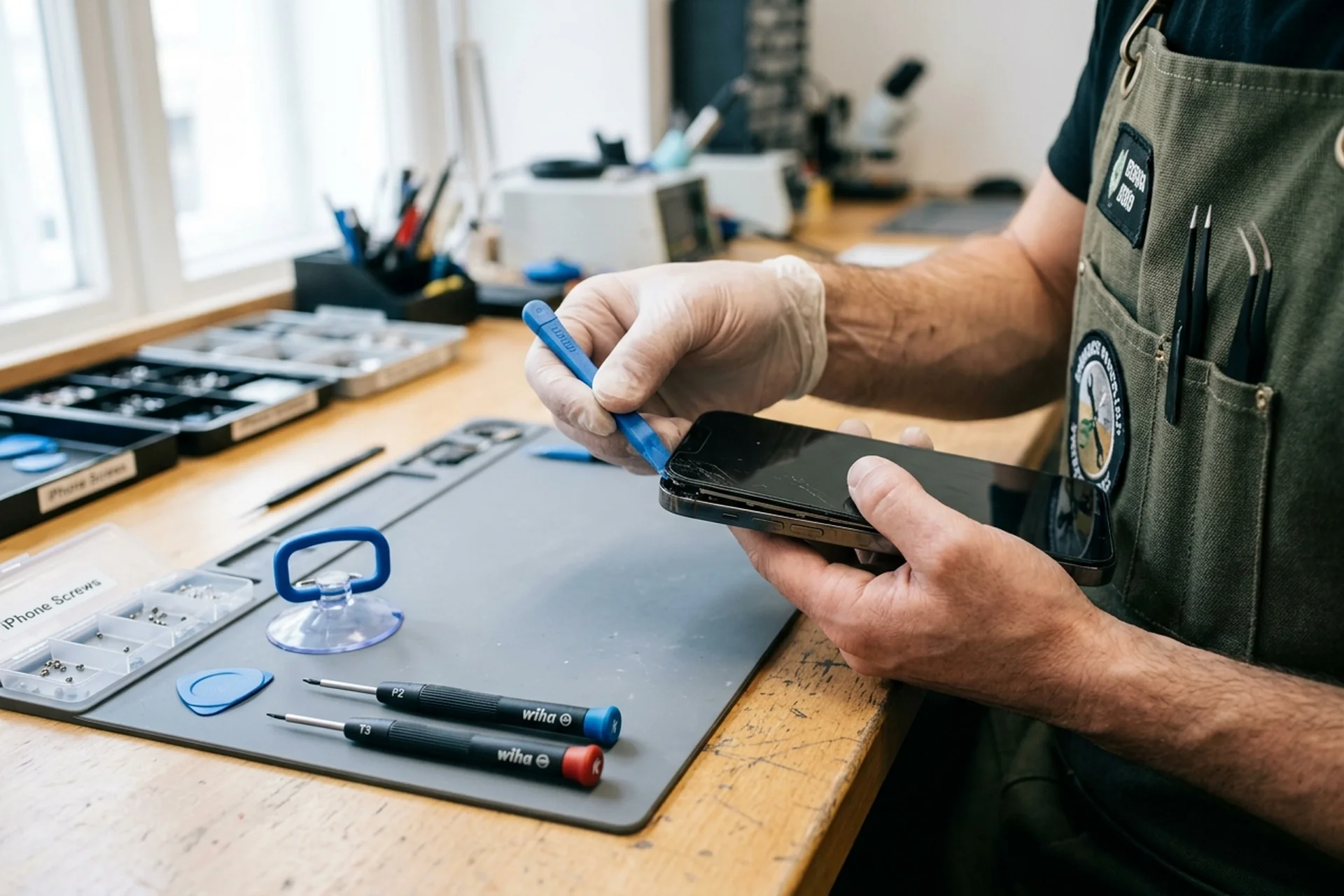 iPhone 14 Pro Rückseite Reparatur Kosten — gesprungene Glas-Rückseite und neue Original-Apple-Backcover nebeneinander