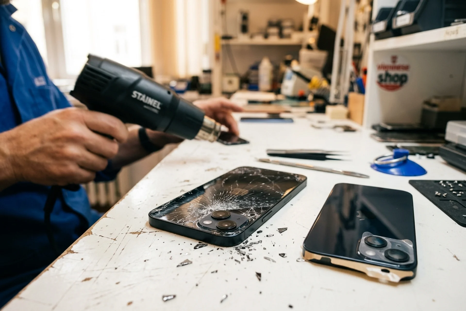 iPhone 14 Rückseite Reparatur Kosten Wien — Reparo Festpreis iPhone 14 Rückseite Reparatur Kosten — gerissene Glas-Rückseite und neue Original-Apple-Backcover nebeneinander