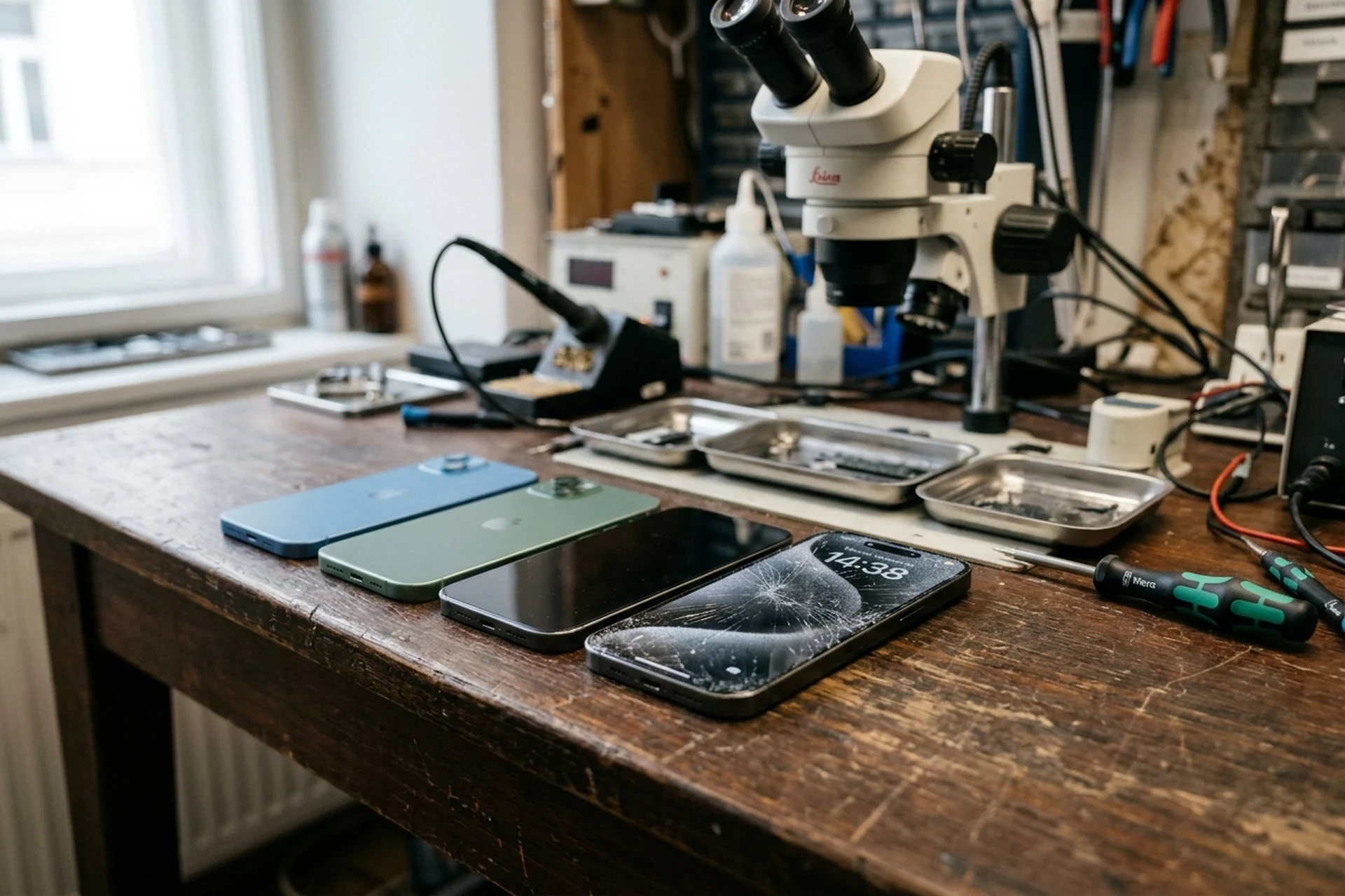 iPhone 15 Display Reparatur Kosten — alle vier iPhone-15-Modelle nebeneinander mit Werkstatt-Werkzeug