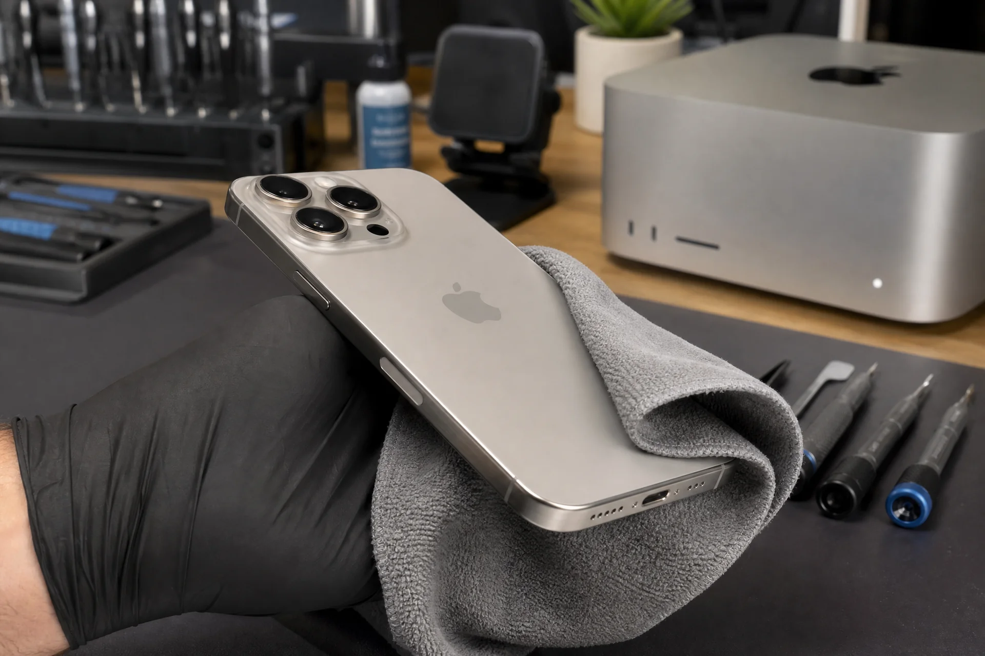 iPhone 15 Pro Max Reparatur in Wien — Reparo Festpreis iPhone 15 Pro Max Reparatur in Wien — Titanium-Frame und Periskop-Kamera in der Werkstatt