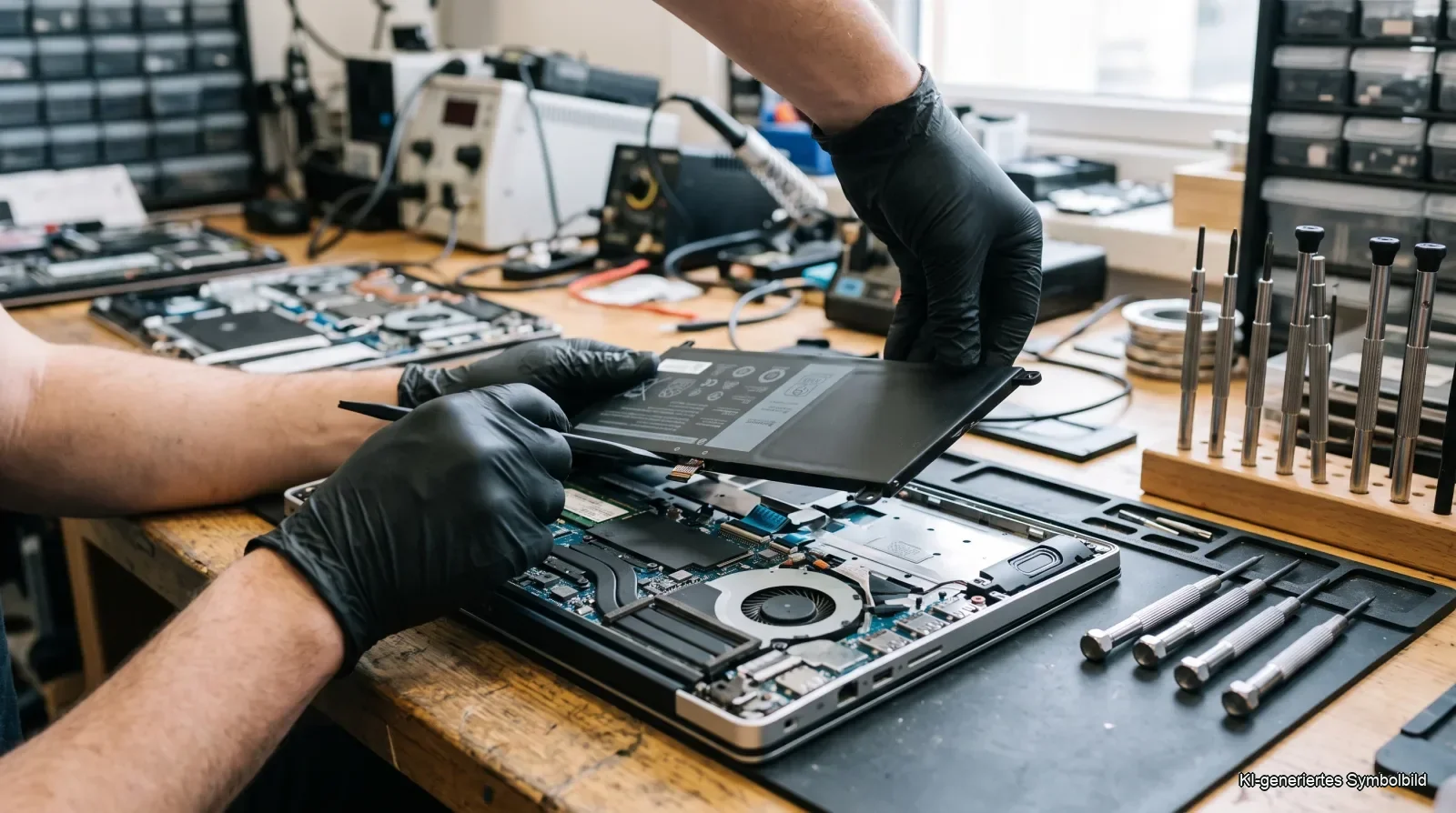 Laptop-Akku tauschen Wien — Reparo Festpreis 99 € Laptop-Akku tauschen — Techniker hebt internen Lithium-Akku aus einem geöffneten Notebook
