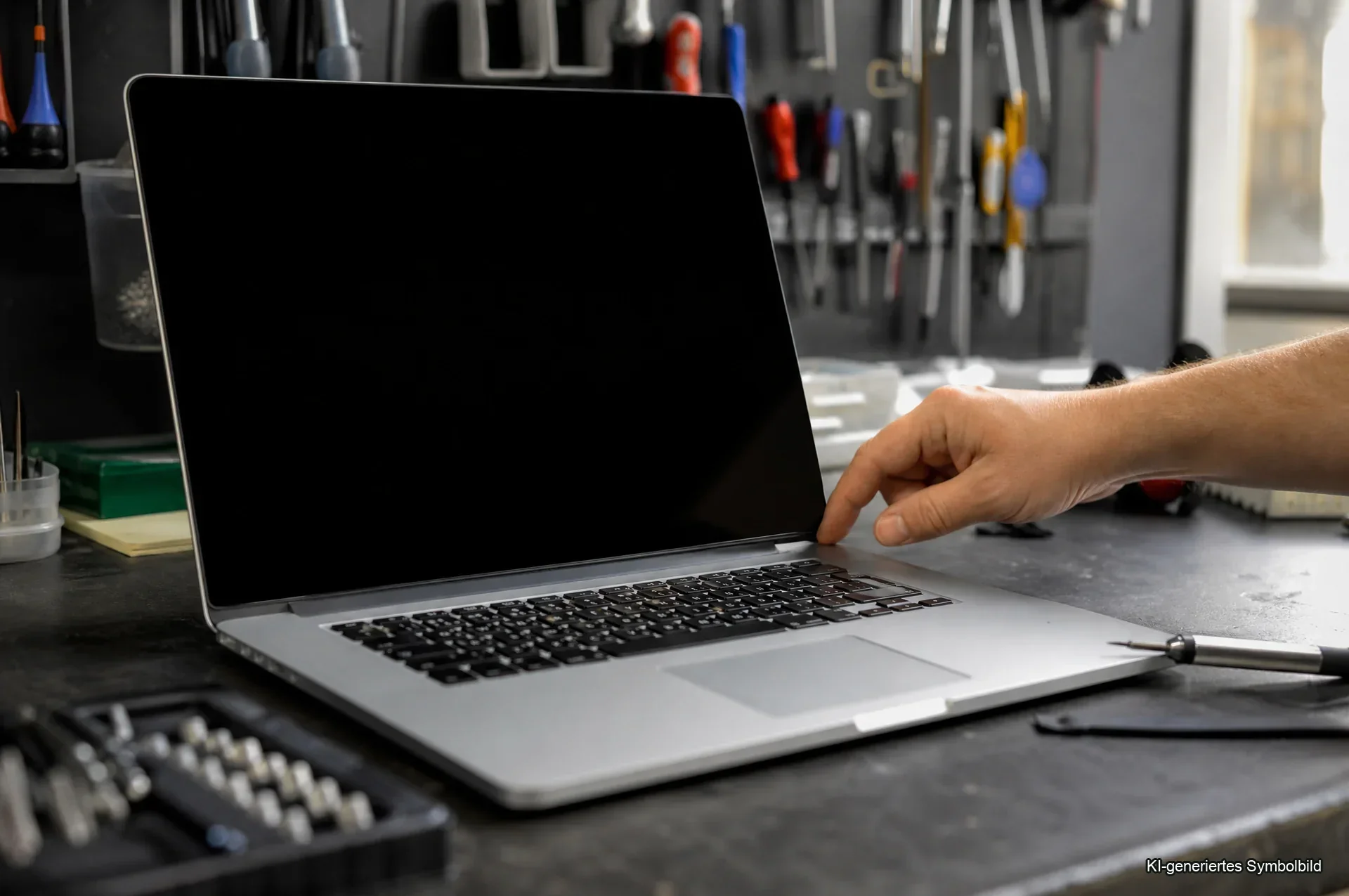 Laptop Bildschirm schwarz oder flackert — Reparo Wien Diagnose Laptop Bildschirm bleibt schwarz — Notebook läuft mit leuchtender Tastatur, aber das Display zeigt kein Bild