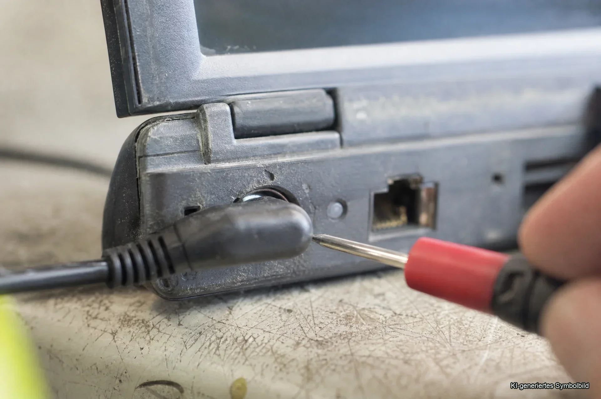 Laptop lädt nicht mehr — Notebook mit eingestecktem USB-C-Ladekabel ohne Lade-LED auf dem Schreibtisch