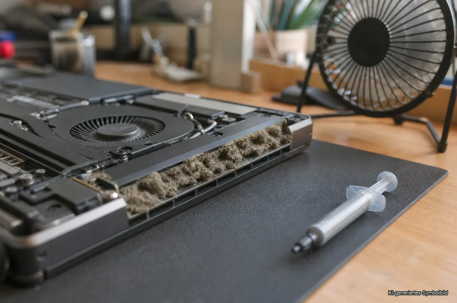 Laptop überhitzt — geöffnetes Notebook mit staubigem Lüfter und Kühlrippen auf Werkbank