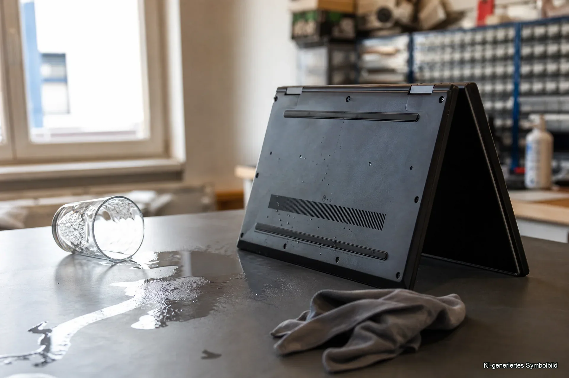 Laptop Wasserschaden — Wasser über Laptop Tastatur geschüttet, Glas umgekippt neben Notebook