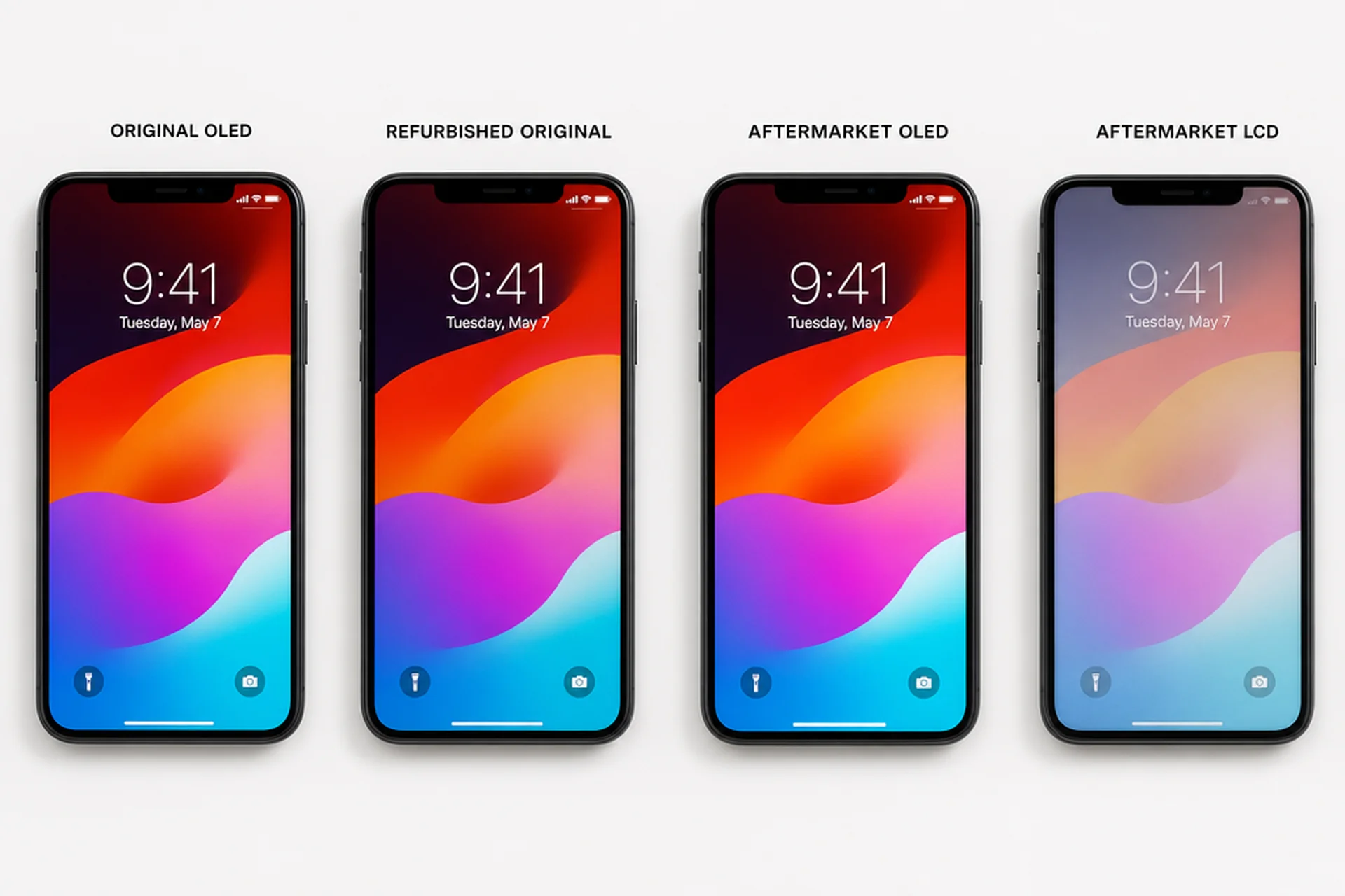 Original vs Nachbau Display — Vergleich von vier Display-Qualitätsstufen nebeneinander auf der Werkbank