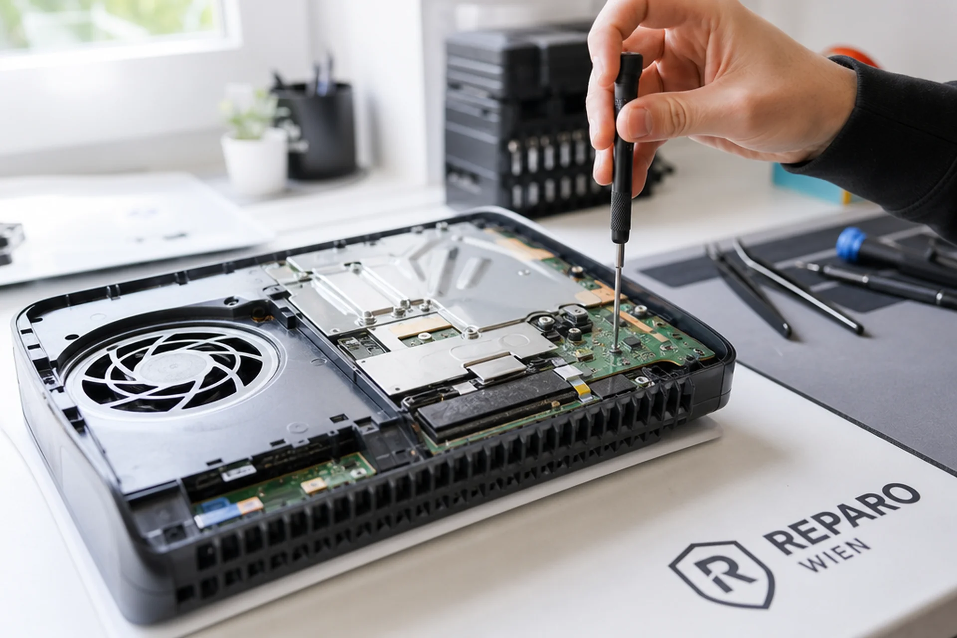 PS5 Reparatur Wien – Sony PlayStation 5 wird in der Werkstatt repariert