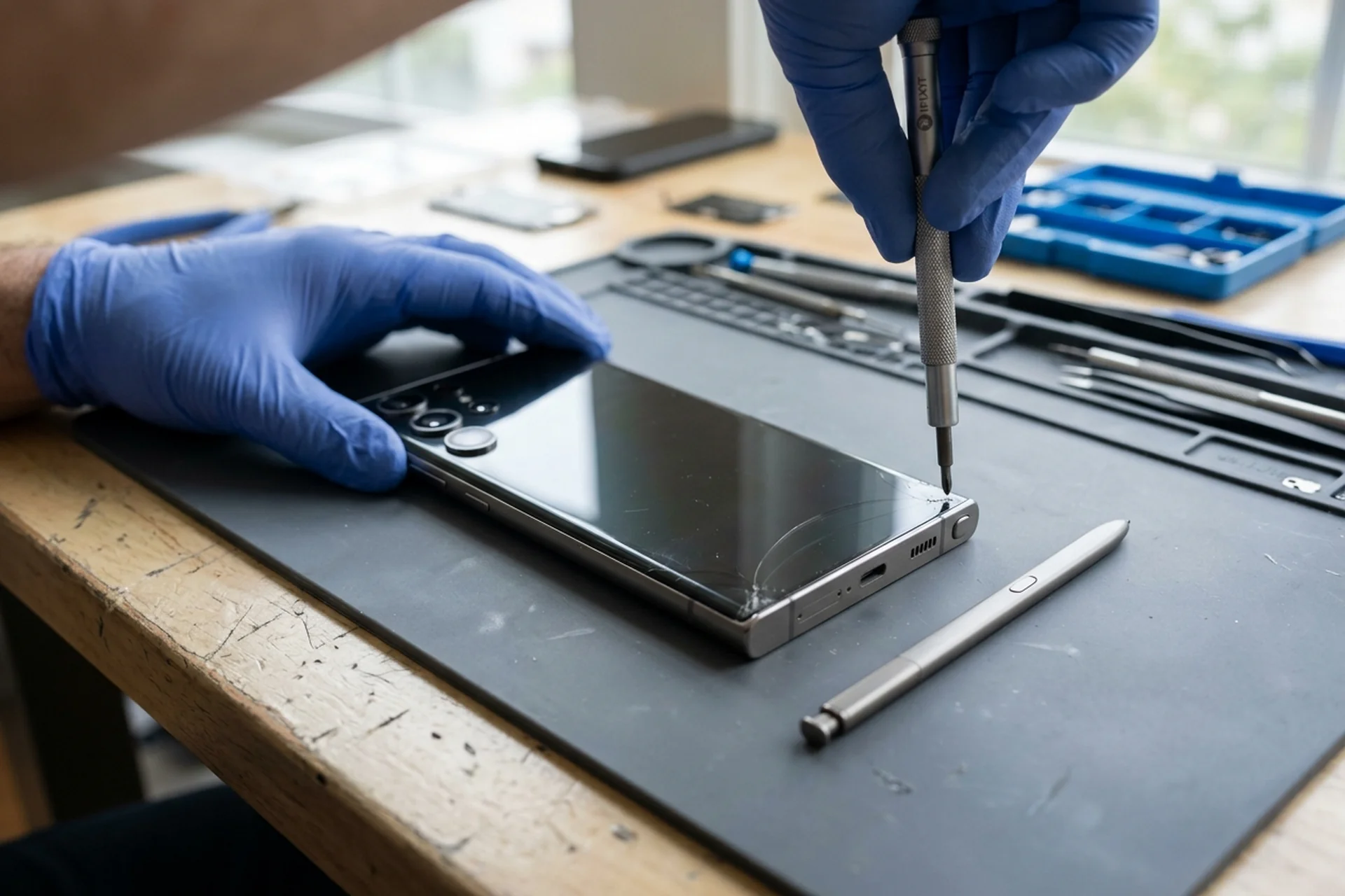 Samsung Galaxy S23 Ultra Reparatur in Wien — Reparo Festpreis Samsung Galaxy S23 Ultra Reparatur in Wien — S Pen und 200-MP-Kamera in der Werkstatt