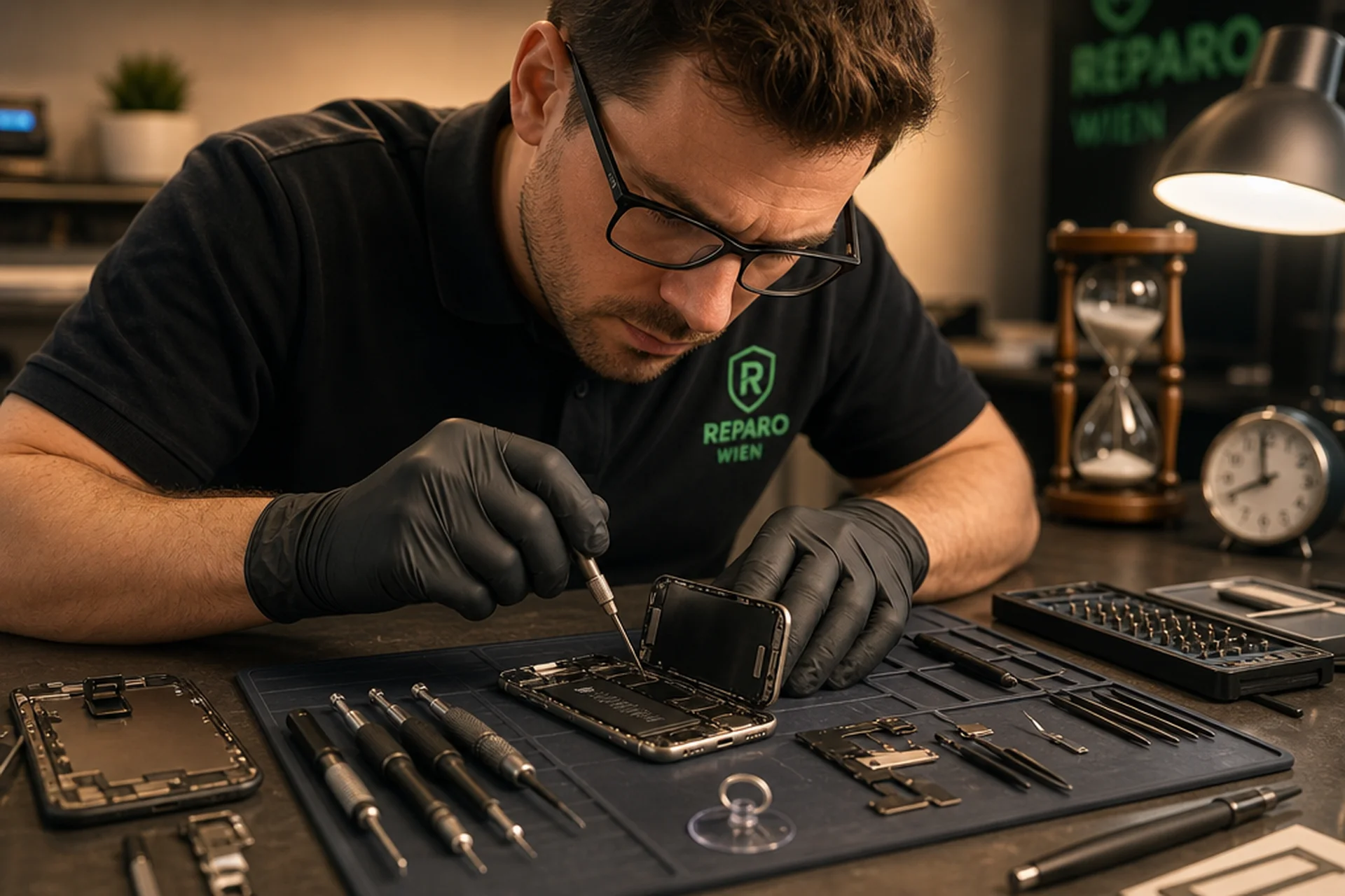 Wie lange dauert Handy-Reparatur — Werkstatt-Techniker arbeitet konzentriert an einem aufgeschraubten iPhone